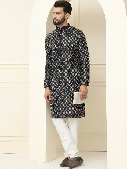 Black Embroidered Men’s Kurta with Mandarin Collar – Cotton Silk, Thread Work, Knee Length | Indiaista