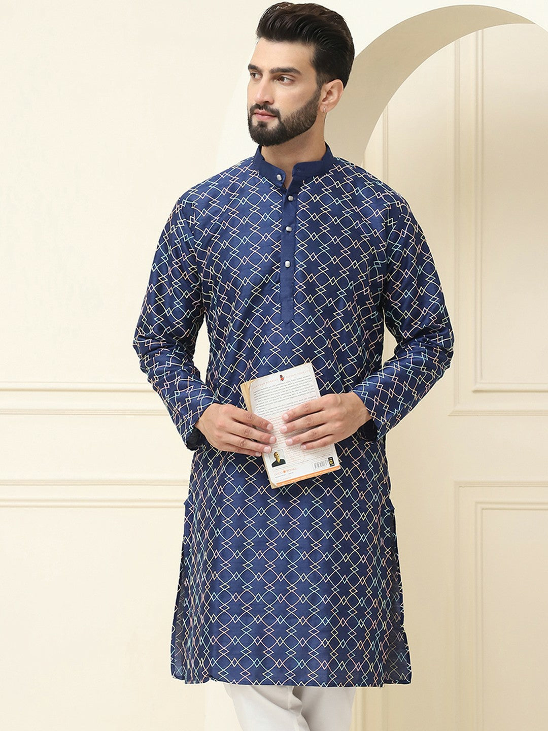 Men’s Navy Blue & Yellow Embroidered Mandarin Collar Kurta – Geometric Design, Silk Fabric | Indiaista