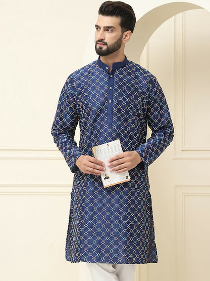 Men’s Navy Blue & Yellow Embroidered Mandarin Collar Kurta – Geometric Design, Silk Fabric | Indiaista