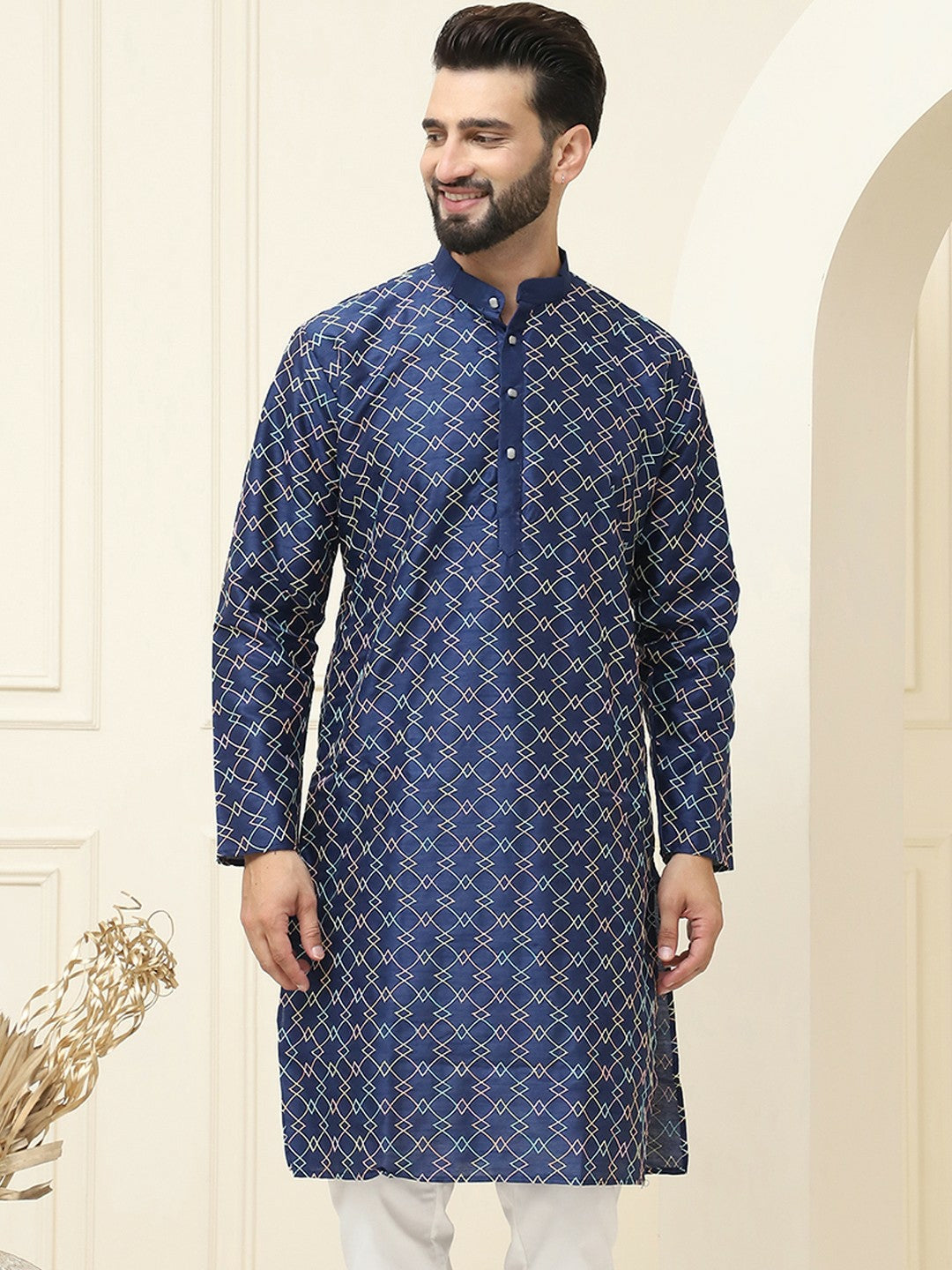 Men’s Navy Blue & Yellow Embroidered Mandarin Collar Kurta – Geometric Design, Silk Fabric | Indiaista