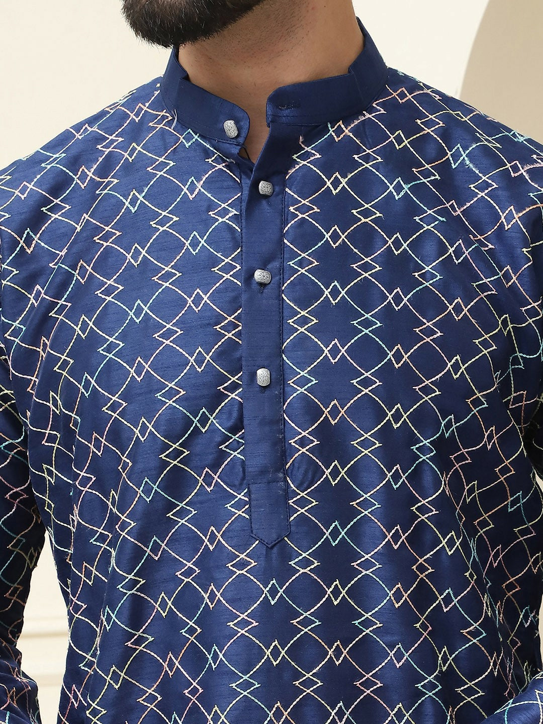 Men’s Navy Blue & Yellow Embroidered Mandarin Collar Kurta – Geometric Design, Silk Fabric | Indiaista