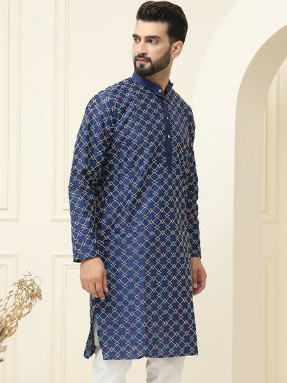 Men’s Navy Blue & Yellow Embroidered Mandarin Collar Kurta – Geometric Design, Silk Fabric | Indiaista