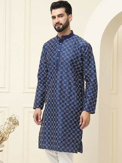 Men’s Navy Blue & Yellow Embroidered Mandarin Collar Kurta – Geometric Design, Silk Fabric | Indiaista