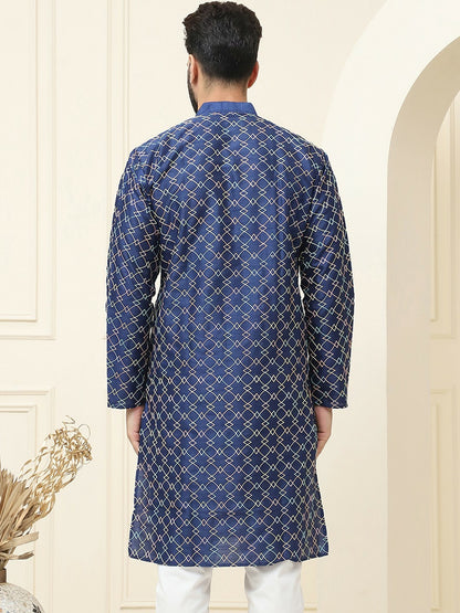 Men’s Navy Blue & Yellow Embroidered Mandarin Collar Kurta – Geometric Design, Silk Fabric | Indiaista