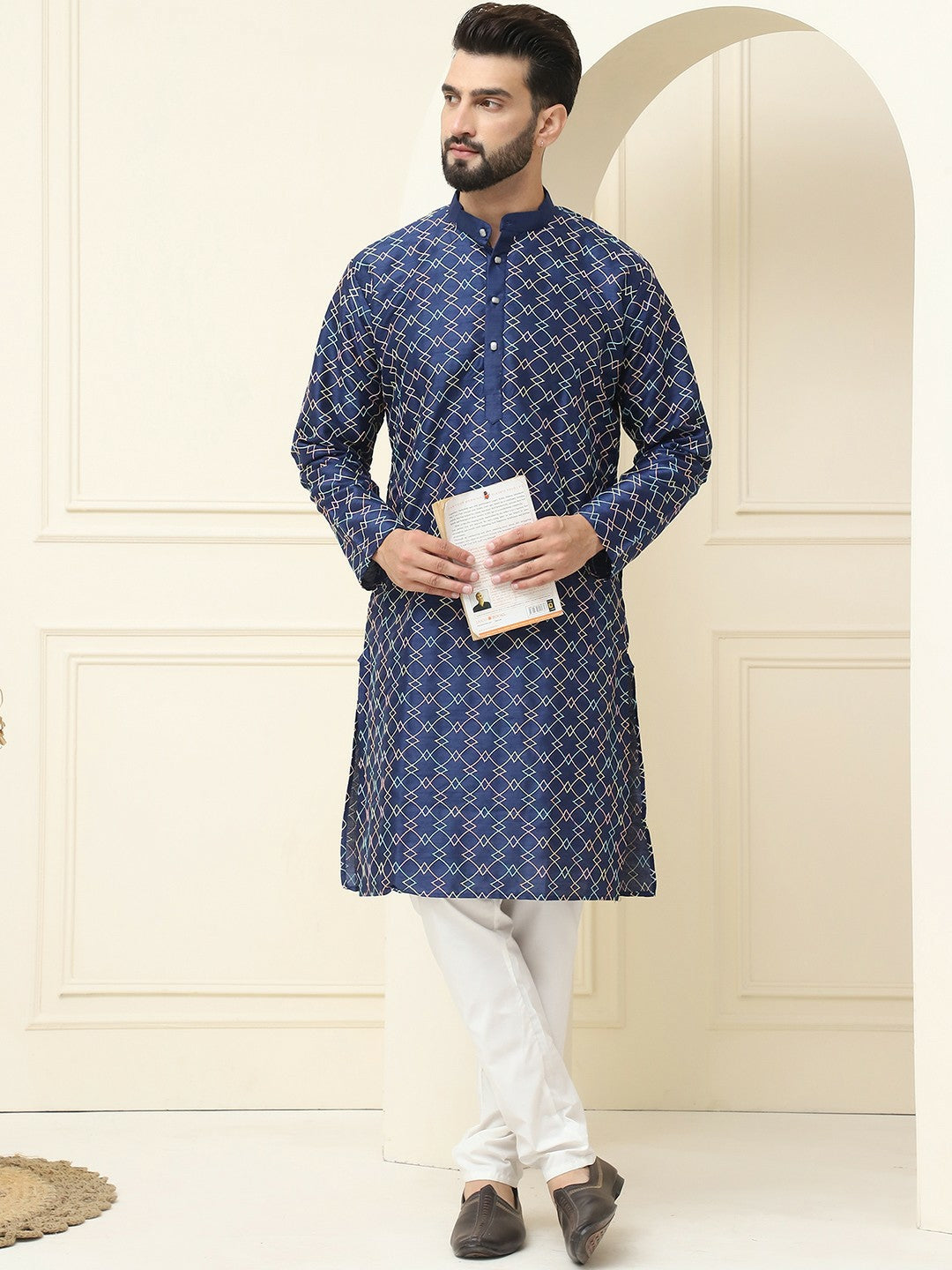 Men’s Navy Blue & Yellow Embroidered Mandarin Collar Kurta – Geometric Design, Silk Fabric | Indiaista