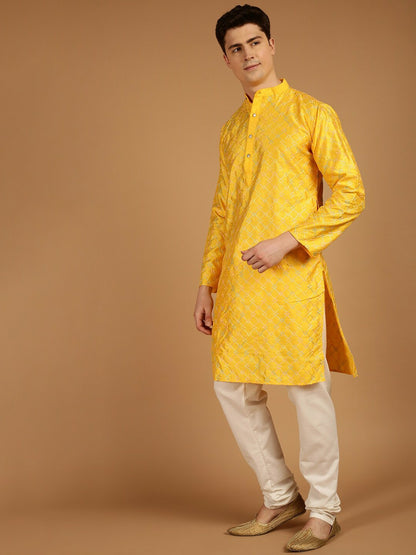 Mustard Yellow Ethnic Motif Embroidered Kurta for Men – Mandarin Collar, Thread Work, Silk Fabric | Indiaista