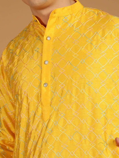 Mustard Yellow Ethnic Motif Embroidered Kurta for Men – Mandarin Collar, Thread Work, Silk Fabric | Indiaista