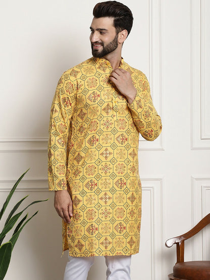 Yellow Ethnic Motifs Printed Men’s Kurta – Mandarin Collar, Cotton Linen, Knee Length | Indiaista