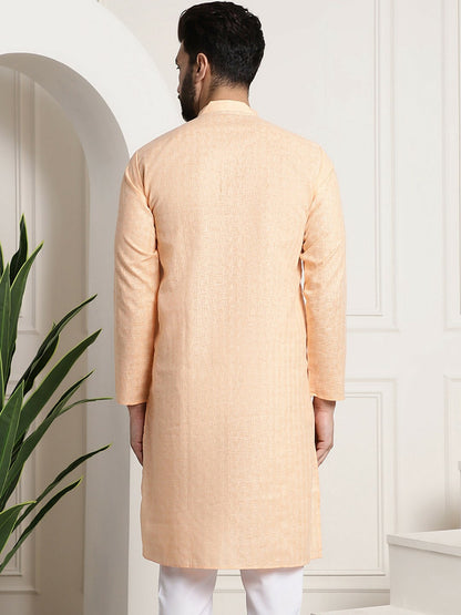 Men's Peach-Coloured Checked Dobby Cotton Kurta – Mandarin Collar, Knee-Length, Regular Fit | Indiaista