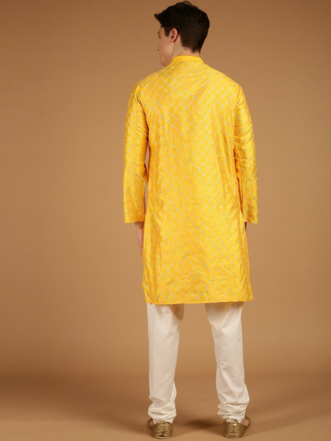 Mustard Yellow Ethnic Motif Embroidered Kurta for Men – Mandarin Collar, Thread Work, Silk Fabric | Indiaista