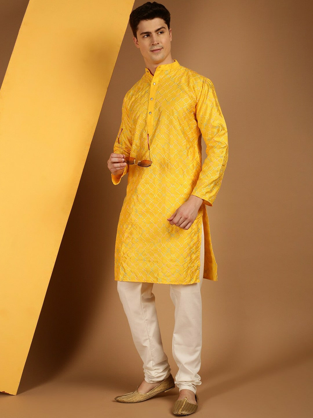 Mustard Yellow Ethnic Motif Embroidered Kurta for Men – Mandarin Collar, Thread Work, Silk Fabric | Indiaista