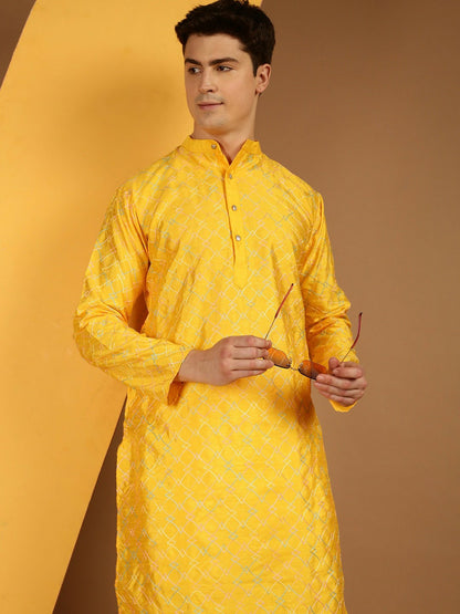 Mustard Yellow Ethnic Motif Embroidered Kurta for Men – Mandarin Collar, Thread Work, Silk Fabric | Indiaista