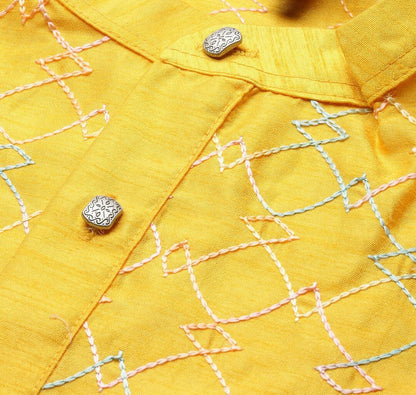 Mustard Yellow Ethnic Motif Embroidered Kurta for Men – Mandarin Collar, Thread Work, Silk Fabric | Indiaista