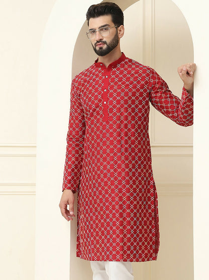 Maroon Geometric Embroidered Silk Cotton Kurta for Men – Mandarin Collar, Knee Length | Indiaista