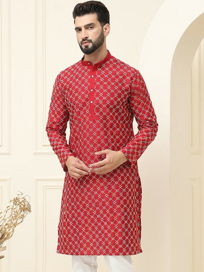 Maroon Geometric Embroidered Silk Cotton Kurta for Men – Mandarin Collar, Knee Length | Indiaista