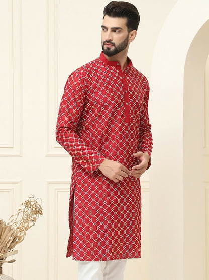 Maroon Geometric Embroidered Silk Cotton Kurta for Men – Mandarin Collar, Knee Length | Indiaista