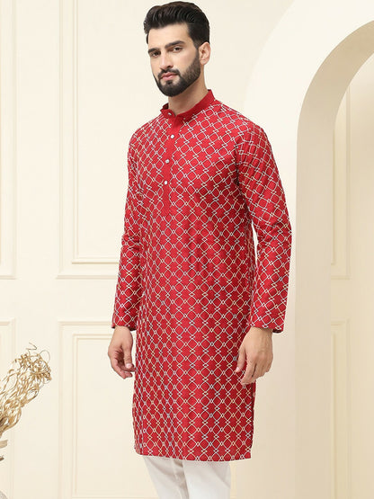 Maroon Geometric Embroidered Silk Cotton Kurta for Men – Mandarin Collar, Knee Length | Indiaista