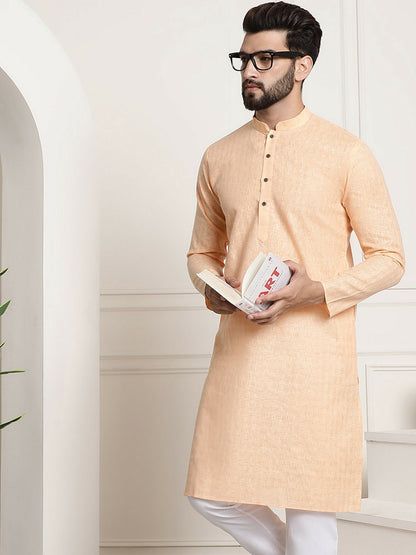 Men's Peach-Coloured Checked Dobby Cotton Kurta – Mandarin Collar, Knee-Length, Regular Fit | Indiaista