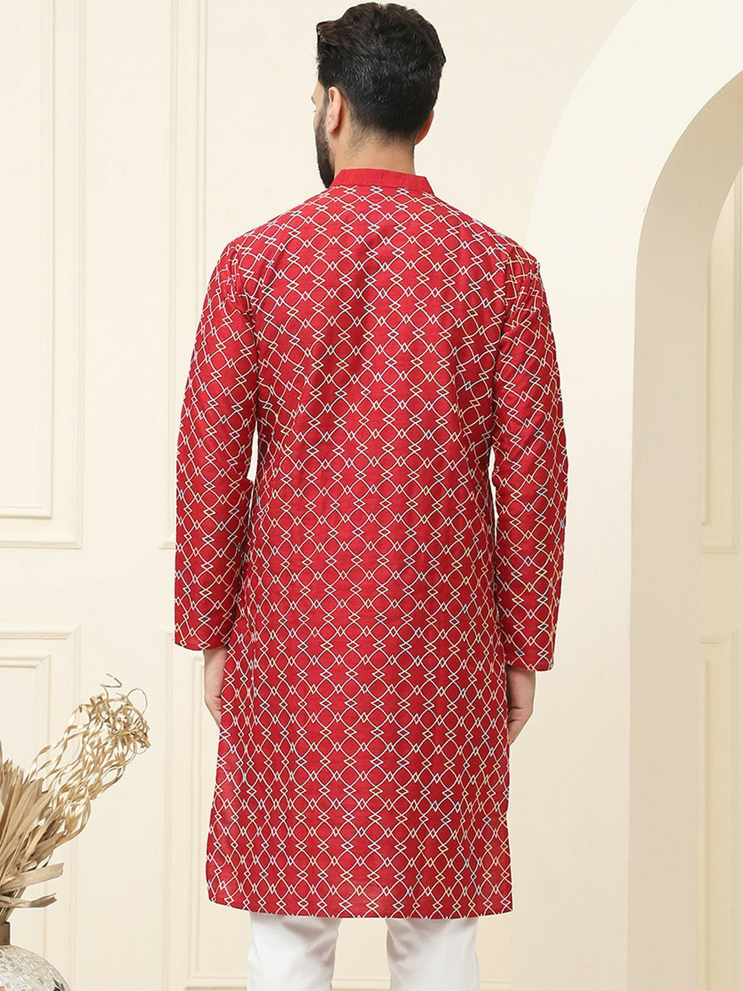 Maroon Geometric Embroidered Silk Cotton Kurta for Men – Mandarin Collar, Knee Length | Indiaista