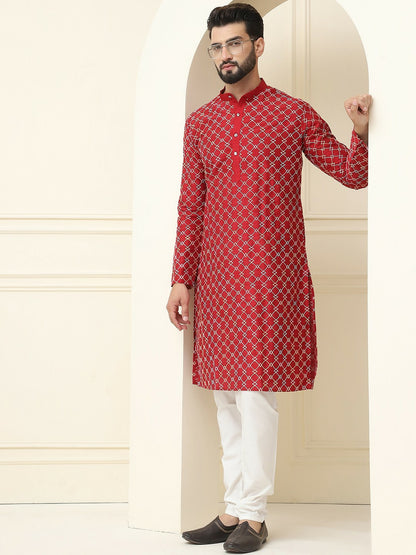 Maroon Geometric Embroidered Silk Cotton Kurta for Men – Mandarin Collar, Knee Length | Indiaista