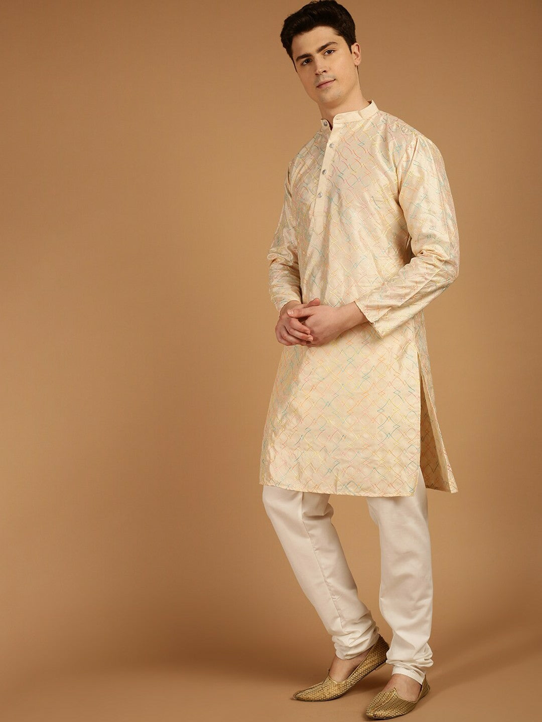 Men’s Cream & Blue Geometric Embroidered Mandarin Collar Kurta – Knee-Length Silk Ethnic Wear | Indiaista