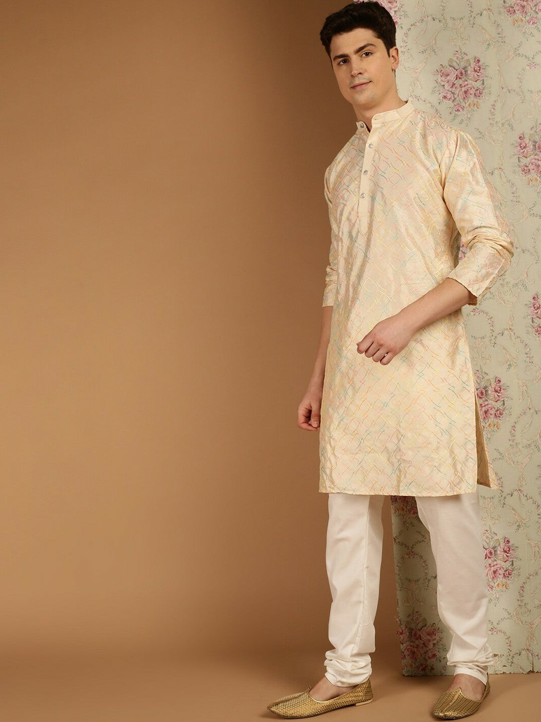 Men’s Cream & Blue Geometric Embroidered Mandarin Collar Kurta – Knee-Length Silk Ethnic Wear | Indiaista