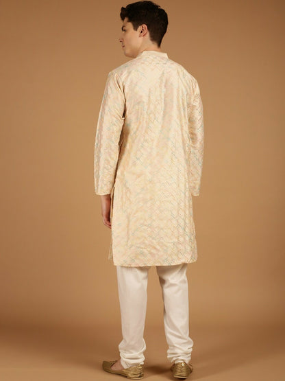 Men’s Cream & Blue Geometric Embroidered Mandarin Collar Kurta – Knee-Length Silk Ethnic Wear | Indiaista