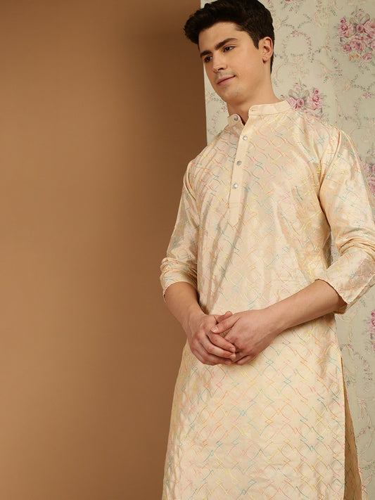 Men’s Cream & Blue Geometric Embroidered Mandarin Collar Kurta – Knee-Length Silk Ethnic Wear | Indiaista