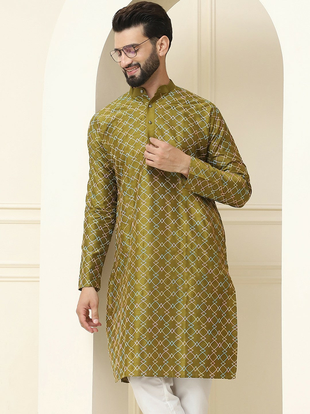 Olive Green Geometric Embroidered Silk Cotton Kurta for Men – Mandarin Collar, Thread Work, Knee-Length | Indiaista