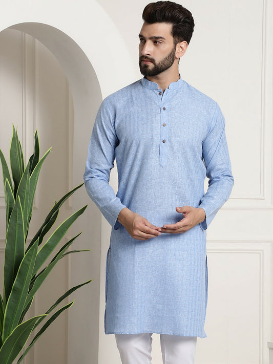 Men’s Blue Dobby Cotton Kurta – Mandarin Collar, Woven Design, Knee-Length | Indiaista