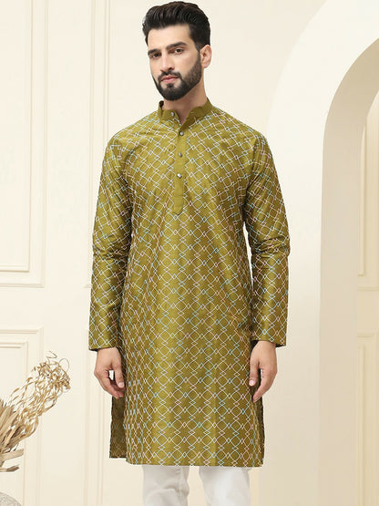 Olive Green Geometric Embroidered Silk Cotton Kurta for Men – Mandarin Collar, Thread Work, Knee-Length | Indiaista