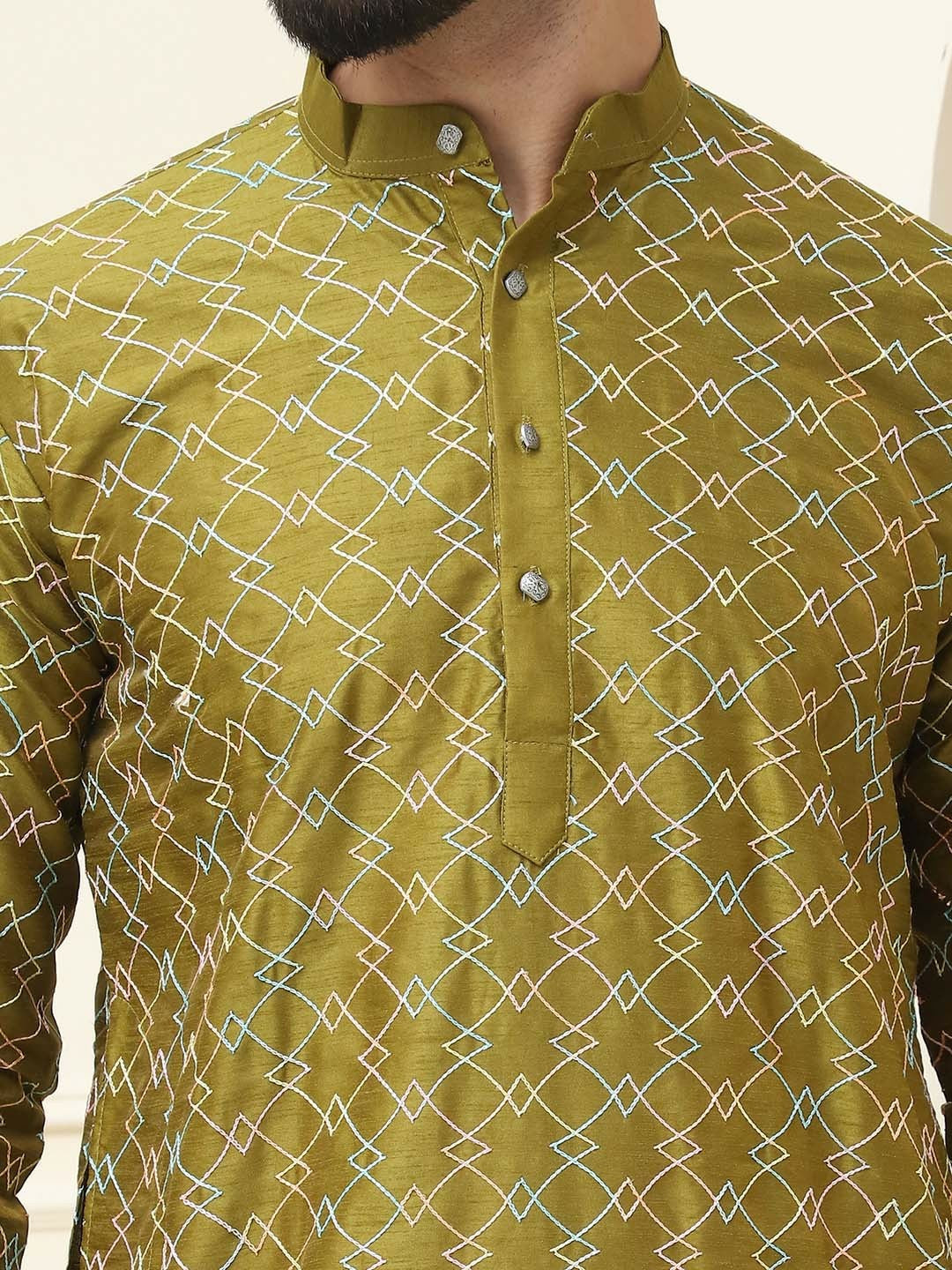 Olive Green Geometric Embroidered Silk Cotton Kurta for Men – Mandarin Collar, Thread Work, Knee-Length | Indiaista