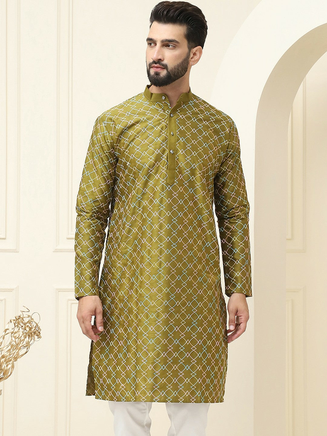 Olive Green Geometric Embroidered Silk Cotton Kurta for Men – Mandarin Collar, Thread Work, Knee-Length | Indiaista