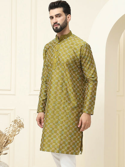 Olive Green Geometric Embroidered Silk Cotton Kurta for Men – Mandarin Collar, Thread Work, Knee-Length | Indiaista