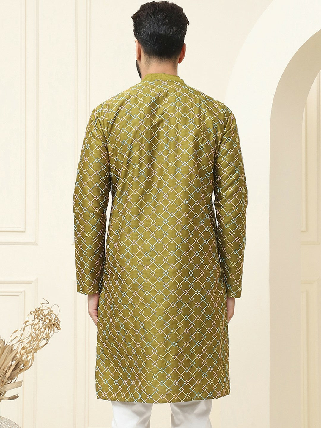 Olive Green Geometric Embroidered Silk Cotton Kurta for Men – Mandarin Collar, Thread Work, Knee-Length | Indiaista