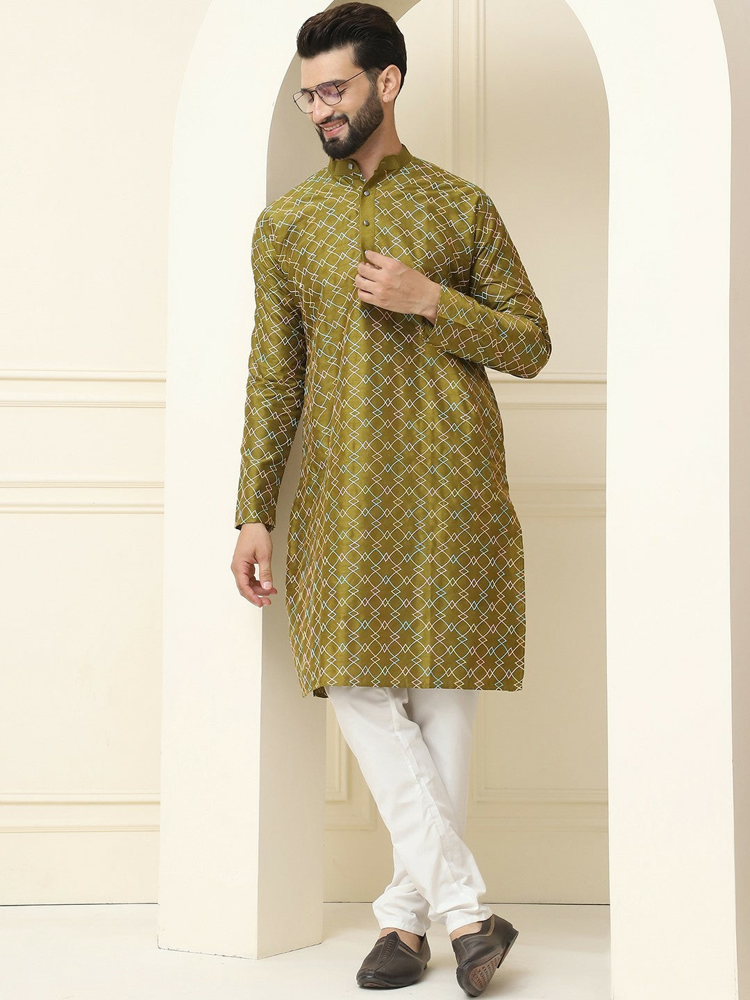 Olive Green Geometric Embroidered Silk Cotton Kurta for Men – Mandarin Collar, Thread Work, Knee-Length | Indiaista