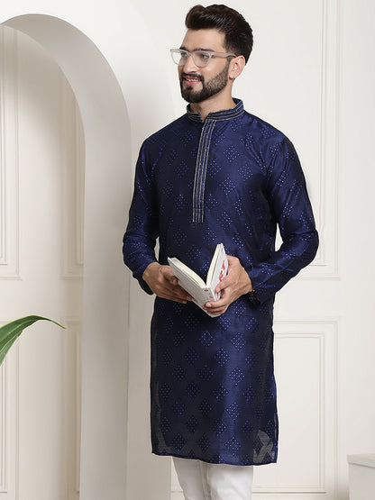 Men’s Navy Blue & Gold-Toned Jacquard Silk Embroidered Kurta – Mandarin Collar, Knee Length | Indiaista