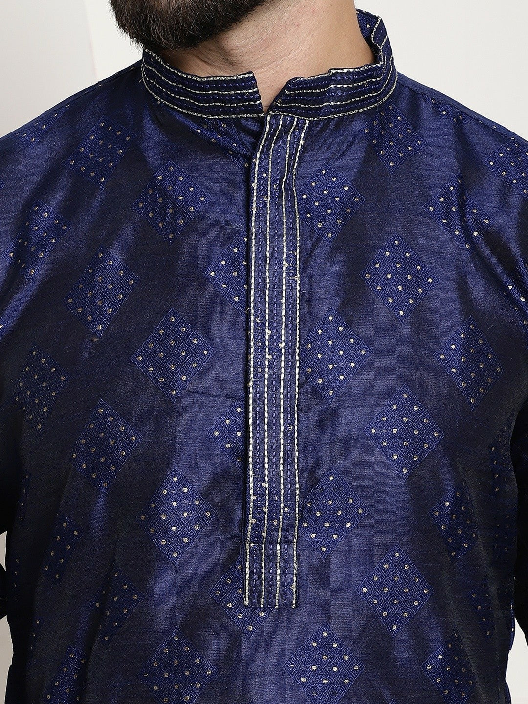 Men’s Navy Blue & Gold-Toned Jacquard Silk Embroidered Kurta – Mandarin Collar, Knee Length | Indiaista