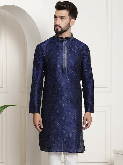 Men’s Navy Blue & Gold-Toned Jacquard Silk Embroidered Kurta – Mandarin Collar, Knee Length | Indiaista