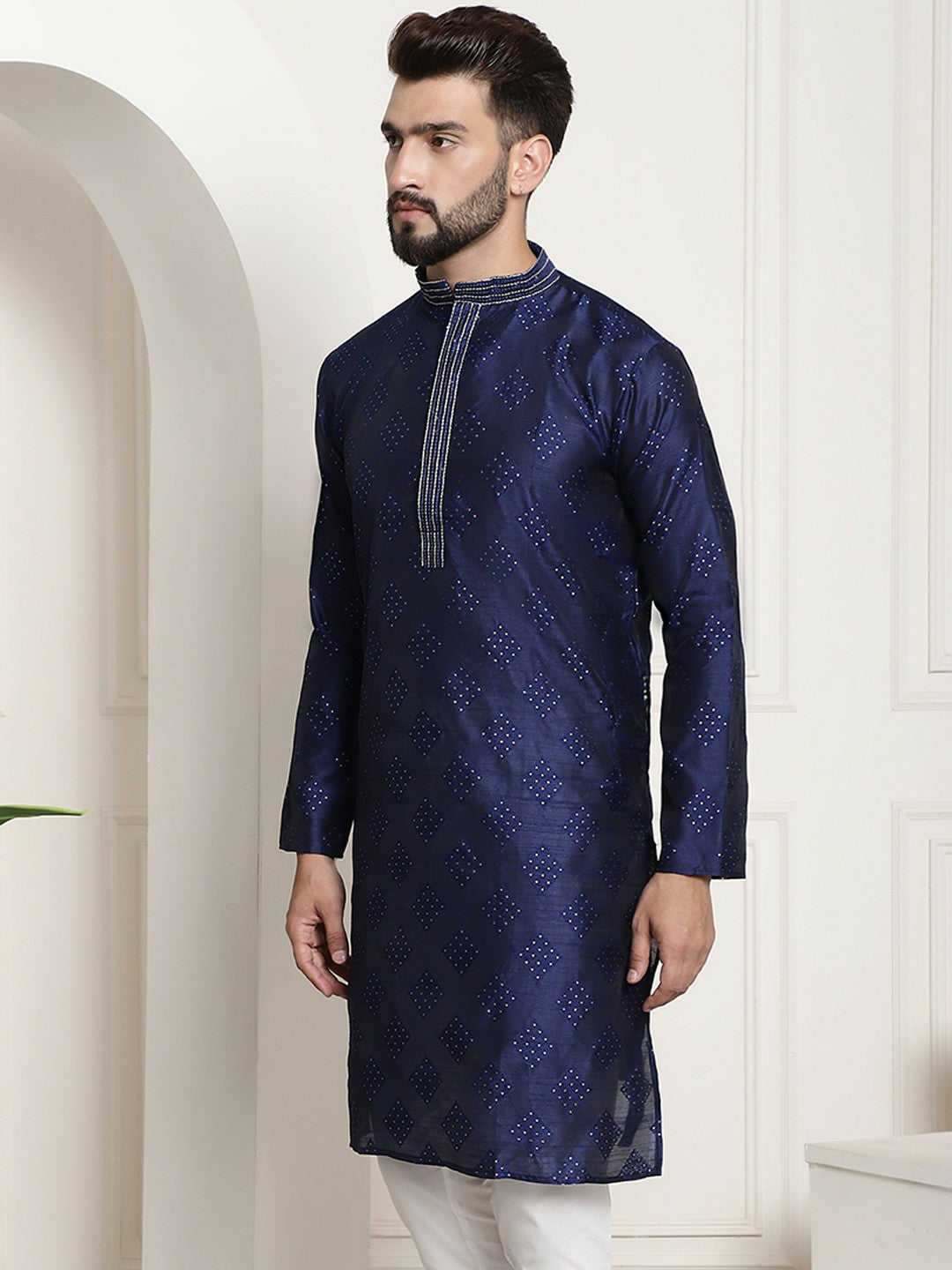 Men’s Navy Blue & Gold-Toned Jacquard Silk Embroidered Kurta – Mandarin Collar, Knee Length | Indiaista