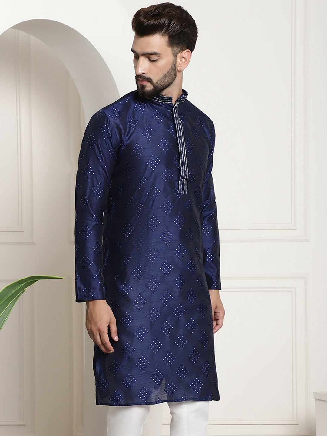 Men’s Navy Blue & Gold-Toned Jacquard Silk Embroidered Kurta – Mandarin Collar, Knee Length | Indiaista