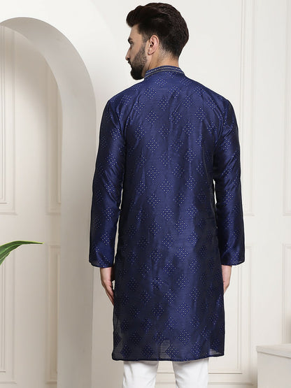 Men’s Navy Blue & Gold-Toned Jacquard Silk Embroidered Kurta – Mandarin Collar, Knee Length | Indiaista