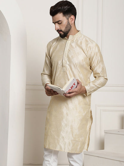 Men's Golden Ethnic Motifs Kurta – Mandarin Collar, Knee Length, Silk Fabric | Indiaista