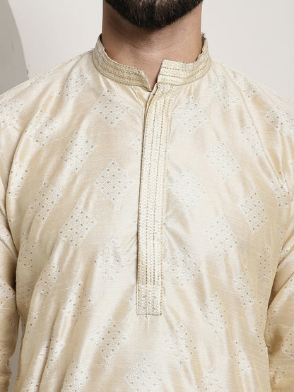 Men's Golden Ethnic Motifs Kurta – Mandarin Collar, Knee Length, Silk Fabric | Indiaista