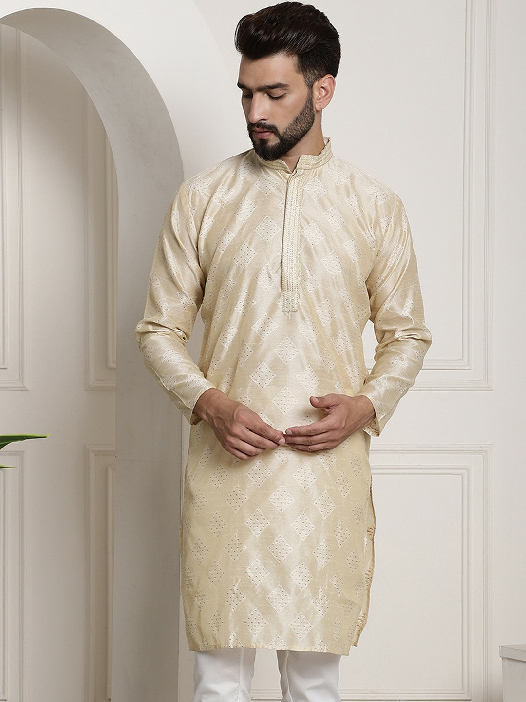 Men's Golden Ethnic Motifs Kurta – Mandarin Collar, Knee Length, Silk Fabric | Indiaista