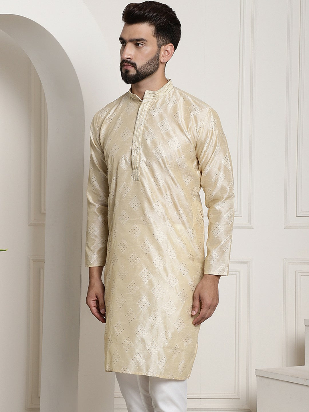 Men's Golden Ethnic Motifs Kurta – Mandarin Collar, Knee Length, Silk Fabric | Indiaista