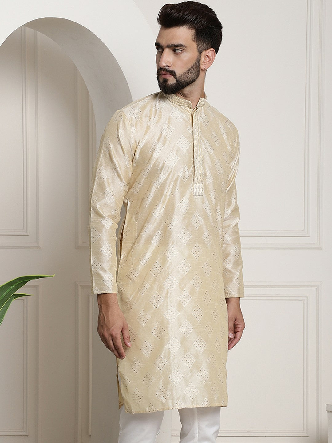 Men's Golden Ethnic Motifs Kurta – Mandarin Collar, Knee Length, Silk Fabric | Indiaista