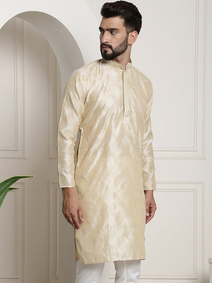 Men's Golden Ethnic Motifs Kurta – Mandarin Collar, Knee Length, Silk Fabric | Indiaista