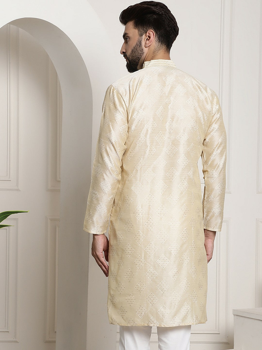 Men's Golden Ethnic Motifs Kurta – Mandarin Collar, Knee Length, Silk Fabric | Indiaista