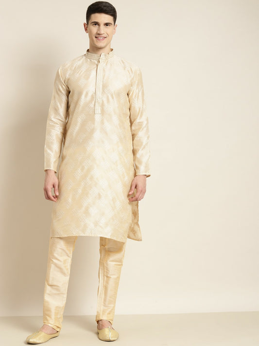 Men's Cream-Coloured & Golden Ethnic Motifs Kurta – Mandarin Collar, Silk Fabric, Knee Length | Indiaista